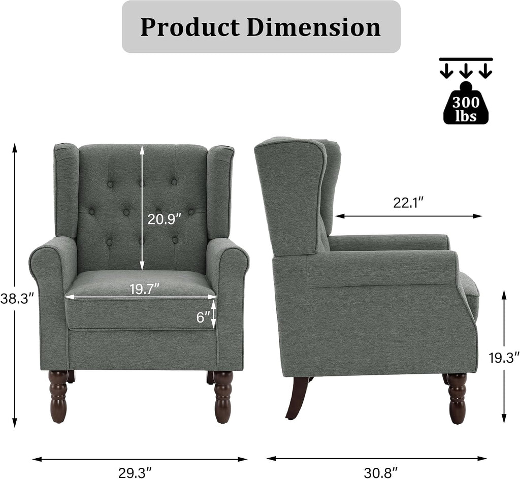 High Back Accent Chair, Tufted Wingback Chair , Grey | Button-Tufted Upholstered Armchair with Solid Wood Legs