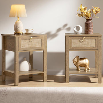 Rattan Nightstand Set of 2, Rattan Decor Drawer with Brass Knobs Night Stand Bedside Table Boho End Tables Side