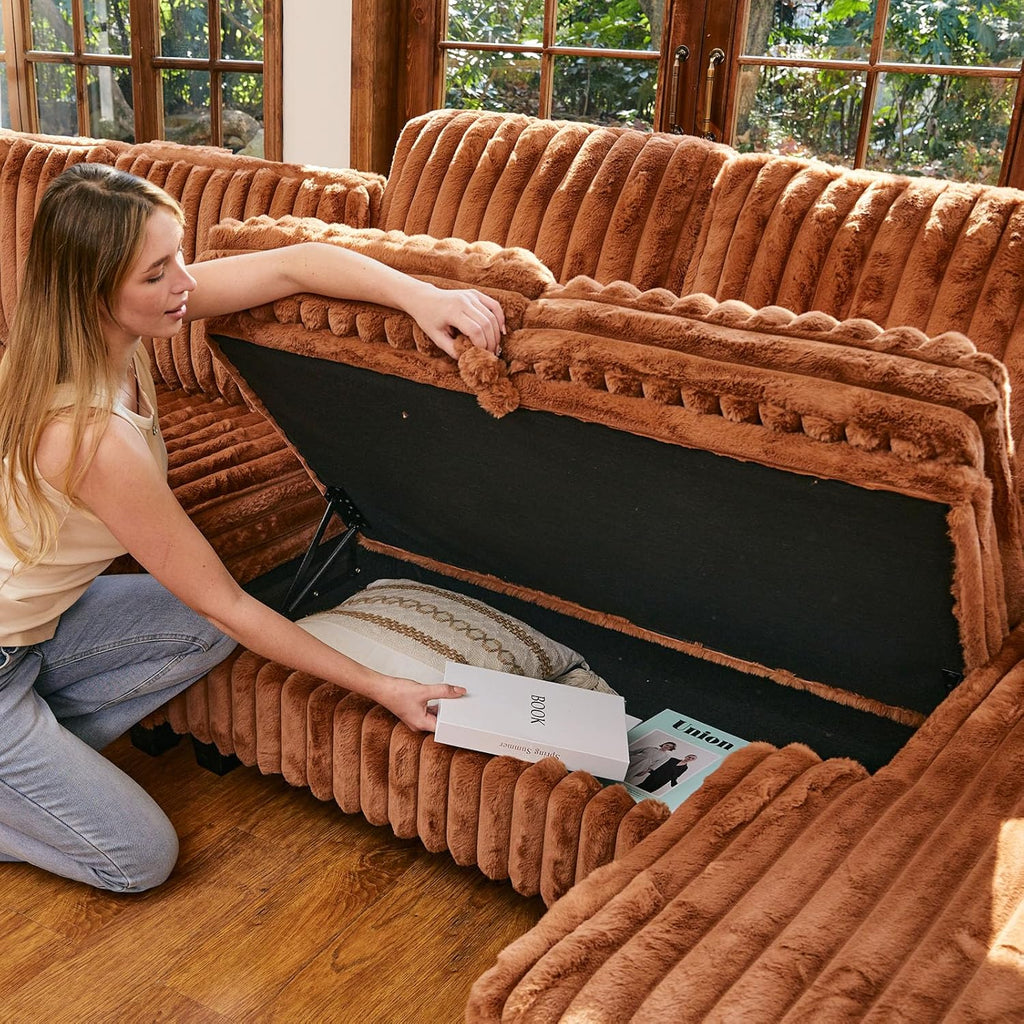 Corduroy Sleeper Sofa Bed with Storage Chaise Modular Sectional Sofa Couch with Pull Out Bed L Shaped