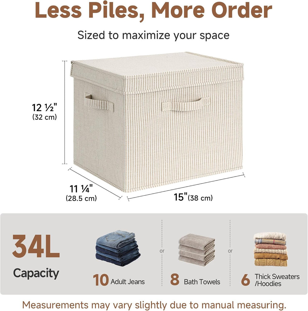 Storage Bins with Lid, Decorative Fabric Storage Bins with Handles, Stackable Closet Organizers for Shelves and