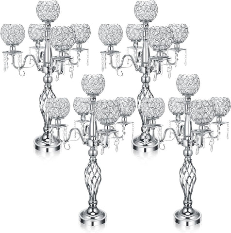 4 Pcs 5 Arm Crystal Candelabra Centerpieces for Table 27 Inch Retro Victorian Crystal Candle Holders Bowl Table