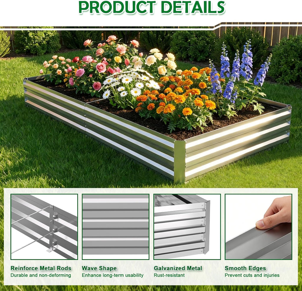 8x4x1FT Galvanized Raised Garden Bed, Metal Planter, Silver,1 Pack | Thick Galvanized Steel, Easy Assembly,Outdoor