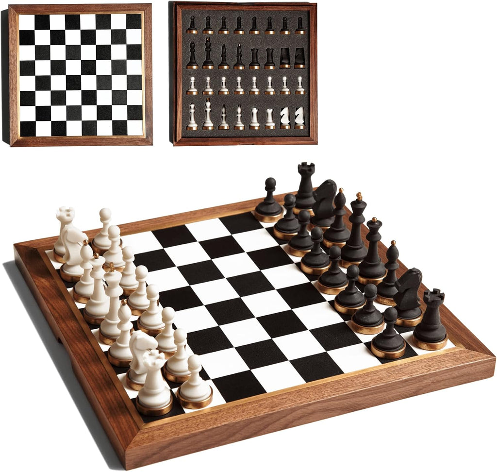 Luxury & Decorative Wooden Chess Set, Walnut Leather Chess Board with Weighted Chess Pieces, Unique Deluxe Wooden