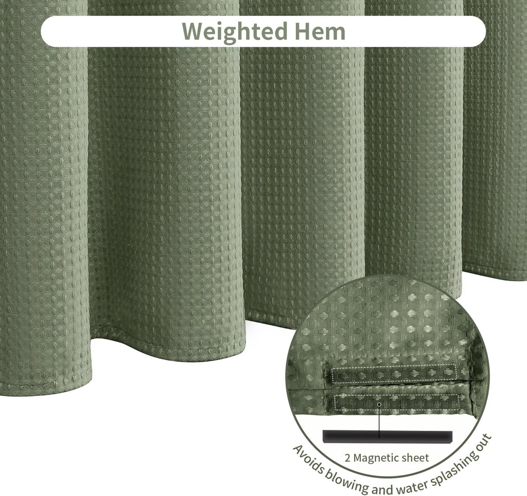 Fabric Shower Curtain, Waffle Weave 230 GSM Polyester, Weighted Hem, Metal Hooks Included, Water Repellent Washable