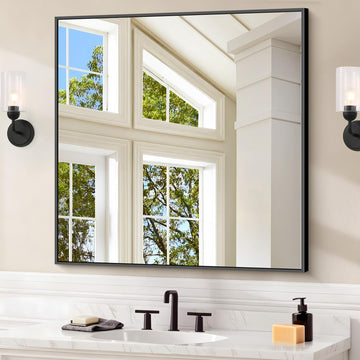 Black Bathroom Mirror for Wall, 30x30 Inch Rectangle Mirrors with Metal Frame, Modern Vanity Wall Square Mirror