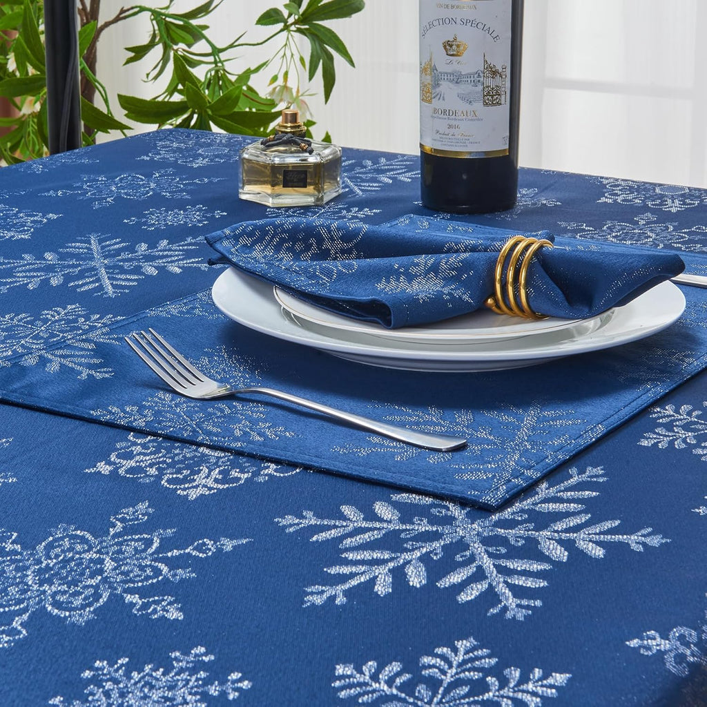Rectangle Fancy Metallic Sparkling Snowflake Christmas Fabric Table Cloth red Hunter Gold Navy White