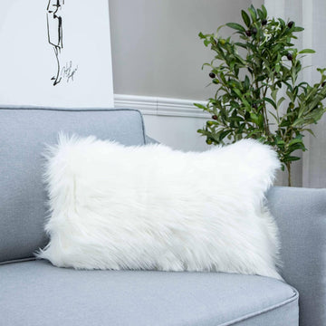 Decorative Lumbar Soft Faux Fur Throw Pillow Cover Luxury Series Rectangle Plush Pillow Case Cushion Cover, White)