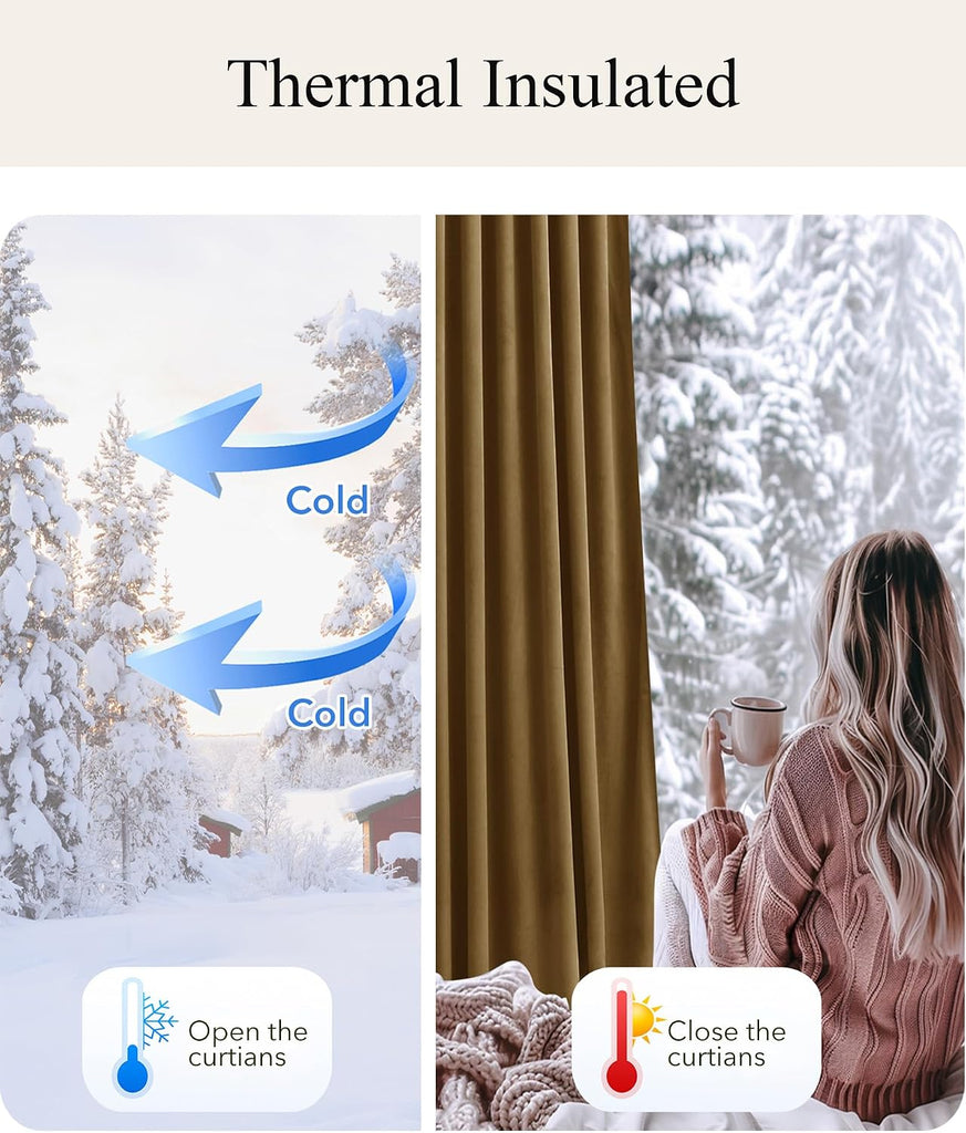 Pinch Pleated Curtains (Set of 2 Panels), Luxury Gold Brown Velvet Bedroom Curtains with Adjustable Hooks Back Tab Thermal Insulated