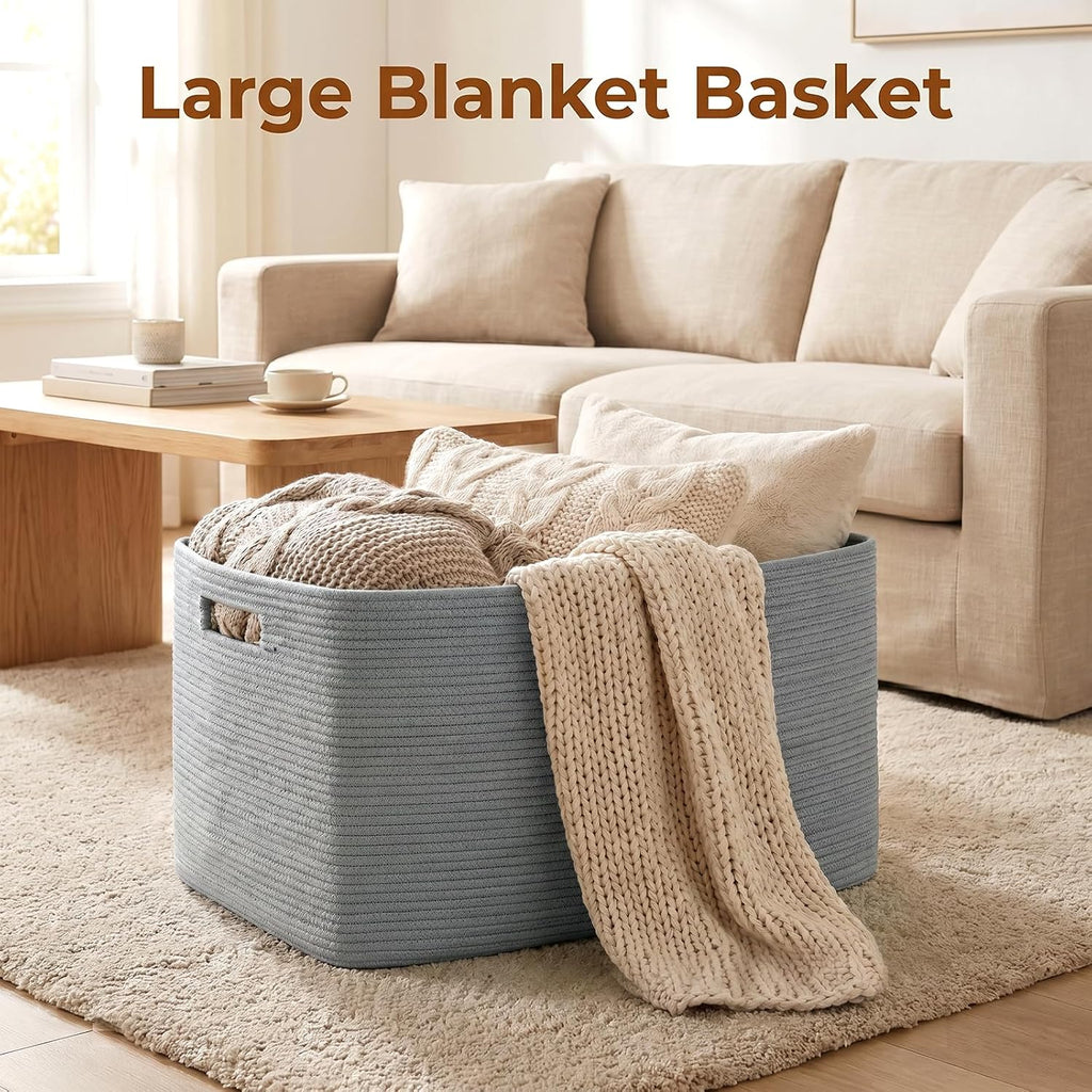 75L Large Blanket Basket, Woven Blanket Storage Basket with Handle, Cotton Rope Basket for Organizing 22"x17"x12"