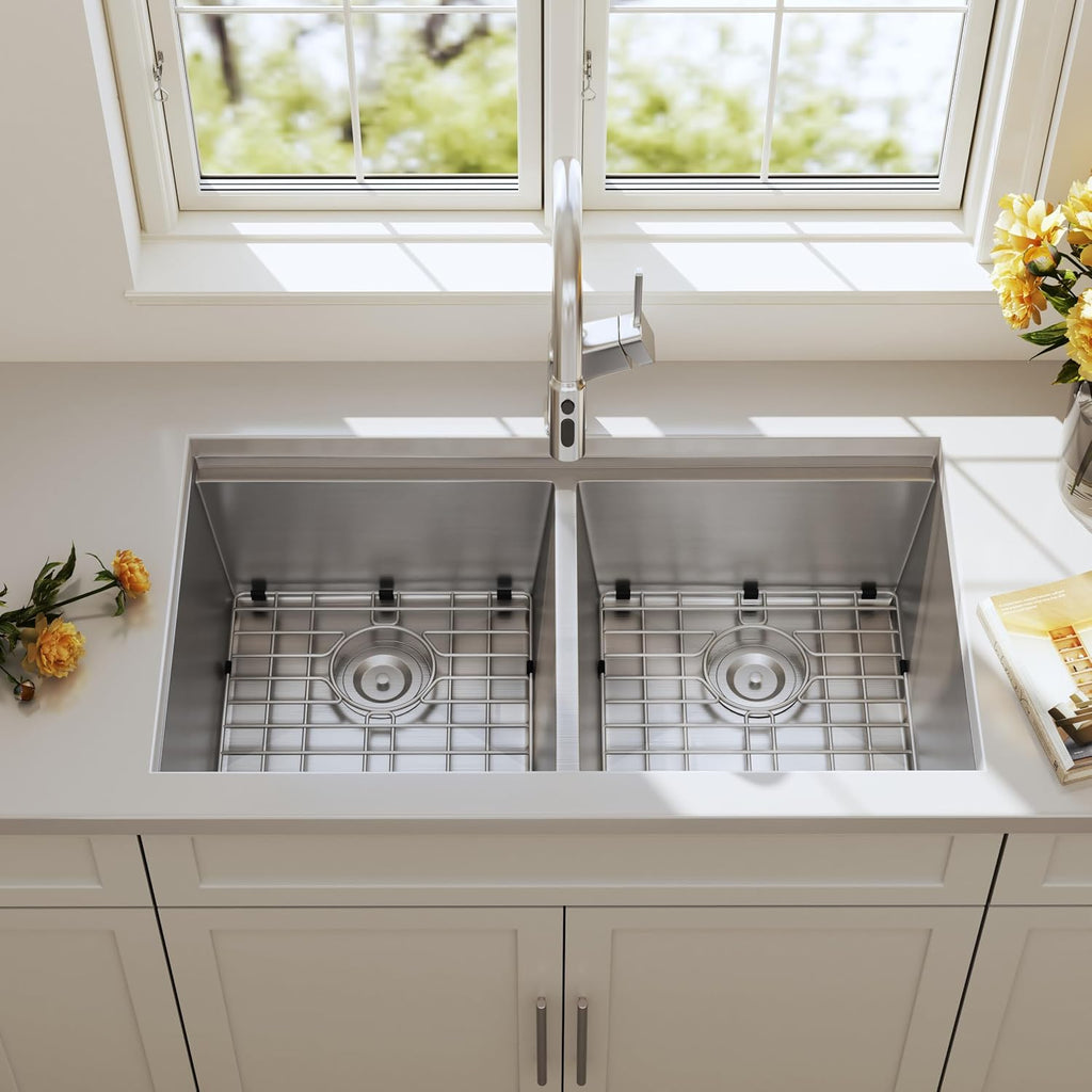 32 Inch Undermount Workstation Double Bowl Handmade Kitchen Sink | 304 Stainless Steel, 16 Gauge Thickness, Ledge for