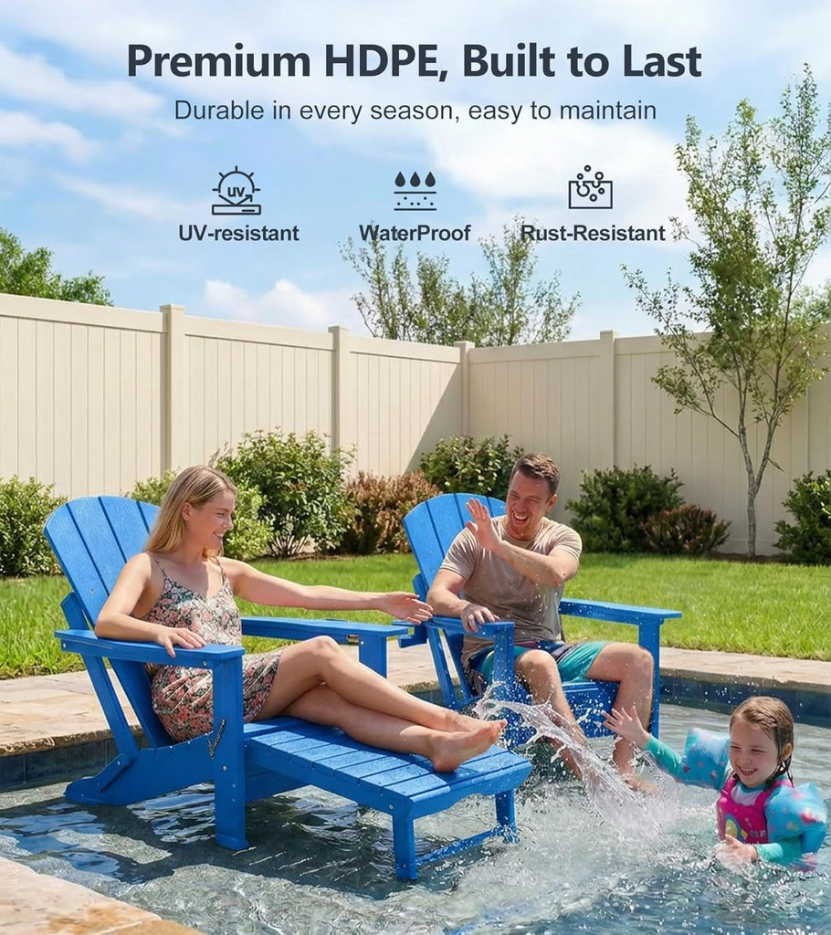 Folding Adirondack Chairs Set of 2 with Ottoman, 5-Position Adjustable Backrest, HDPE All-Weather Fire Pit Chairs