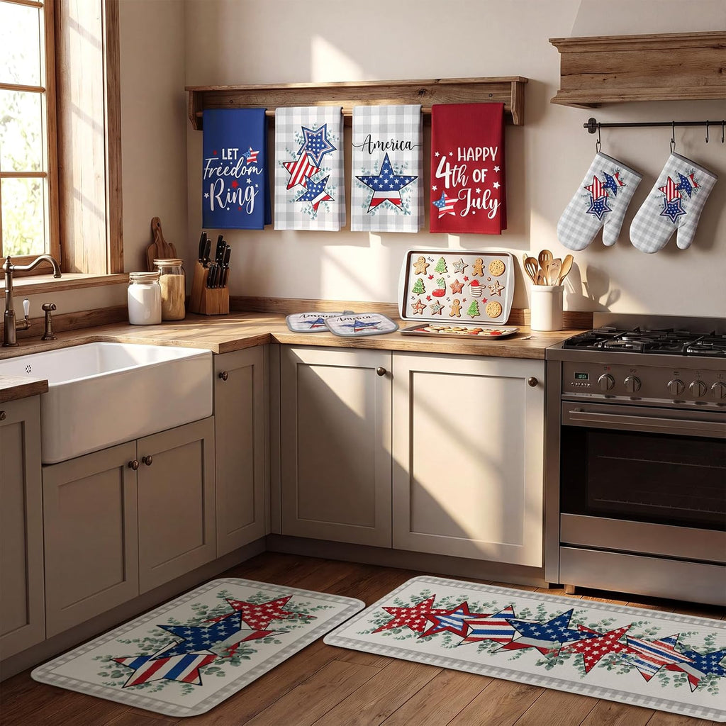 10 Pcs Patriotic Kitchen Decor and Accessories Set Star Pattern 4th of July Kitchen Towels Pot Holders Oven Mitts