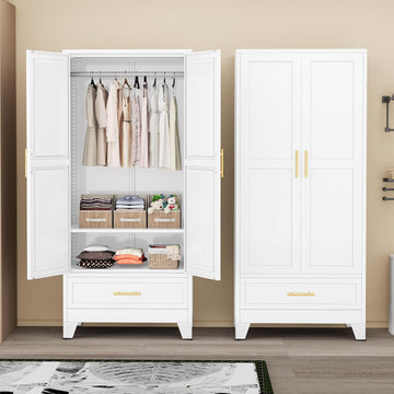 71" H Metal Armoire Wardrobe Closet with Drawer, Adjustable Shelf, Clothes Drying Pole, Clothes Storage Closet (White)