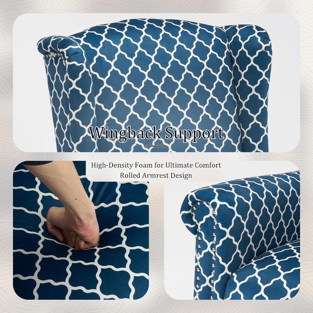 Modern Accent Chair, Comfy Wingback Armchair Blue Plaid Club Chair with Wooden Legs , or Balcony