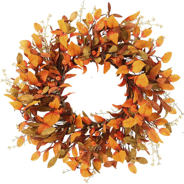 Artificial Fall Wreath 21'' Autumn Front Door Wreath with Fall Leaves Small Pumpkins Cluster of Berries for Outside