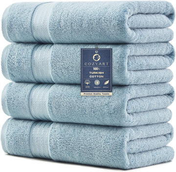 Luxury Bath Towels 4 PCS, 27x54 650 GSM Turkish Cotton, Light Blue | Zero Twist 100% Ring Spun Cotton, Fluffy, Ultra