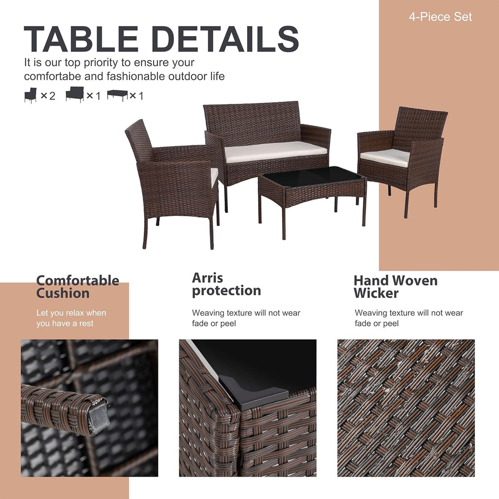 4 Piece Outdoor Patio Furniture Set, Wicker Rattan Patio Conversation Set