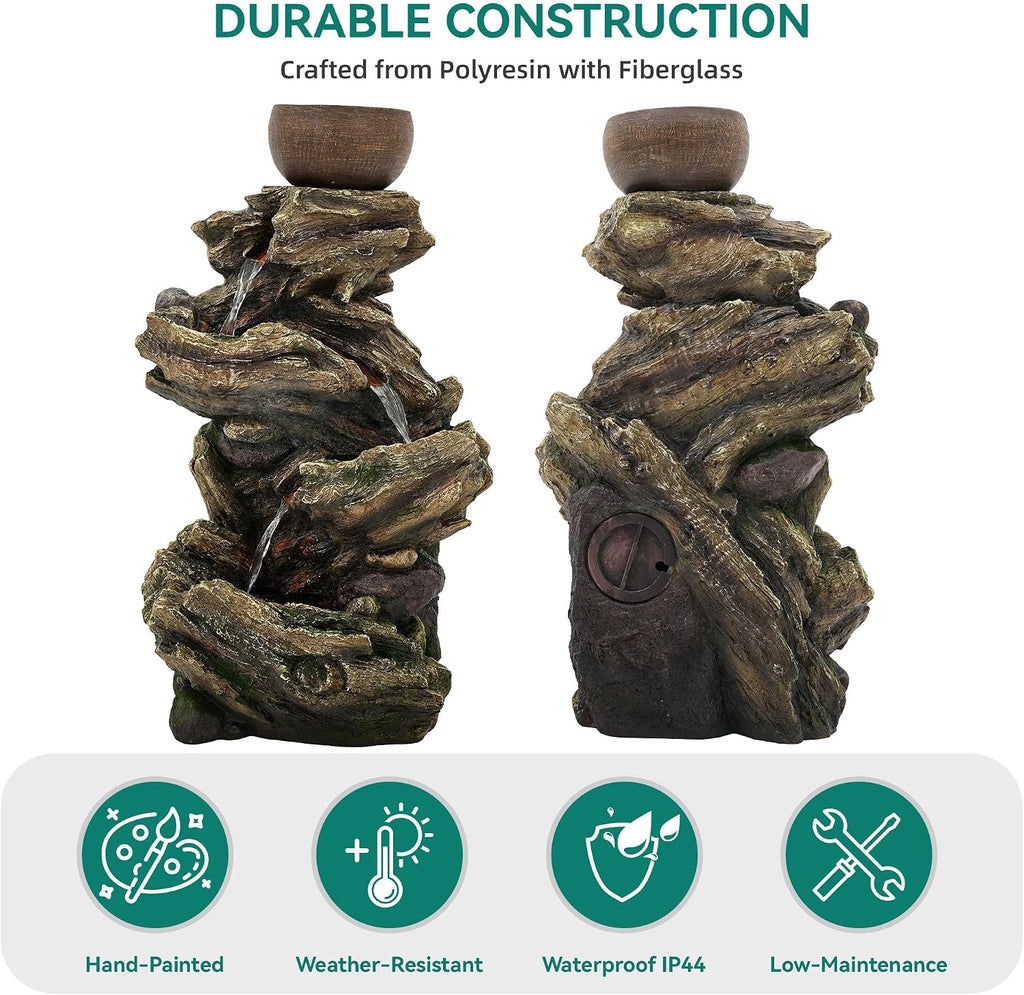 33" Rustic Tree Trunk Outdoor Water Fountain with Planters, Handcrafted 5-Tier Cascading Water Feature with Moss &