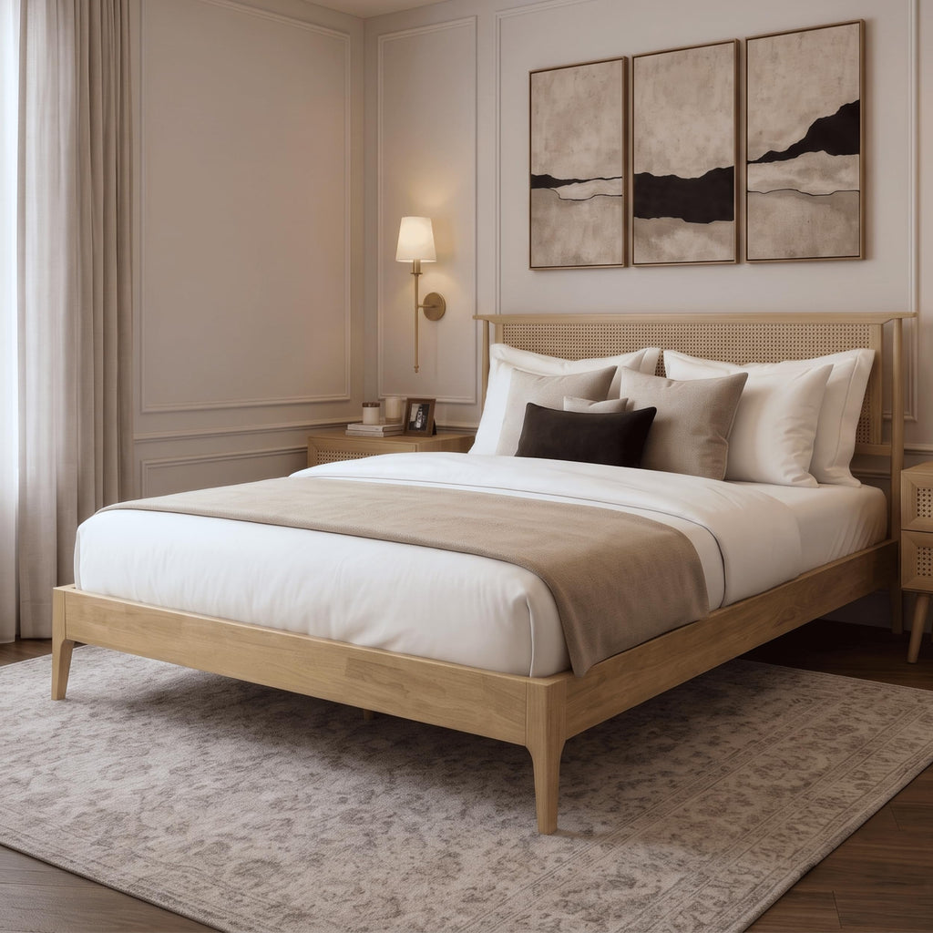 Ruby Wooden Bed Frame with Headboard and Natural Rattan, Solid Oak Foundation with Silent Slats, 1000 Lb Capacity