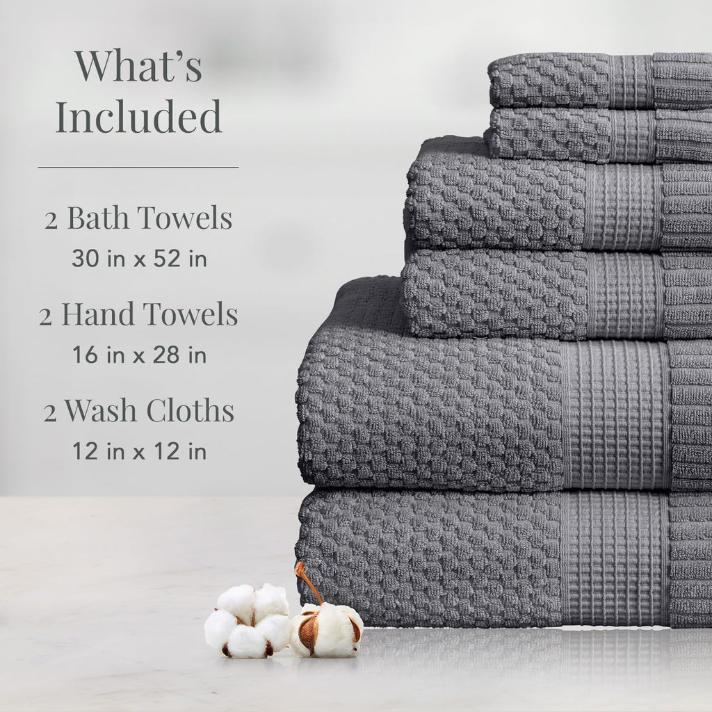 100% Cotton 6-Piece Bath Towel Set | Grey | Oeko-TEX | Quick-Dry | 30" x 52" Bath Towels | 16" x 28" Hand Towels |