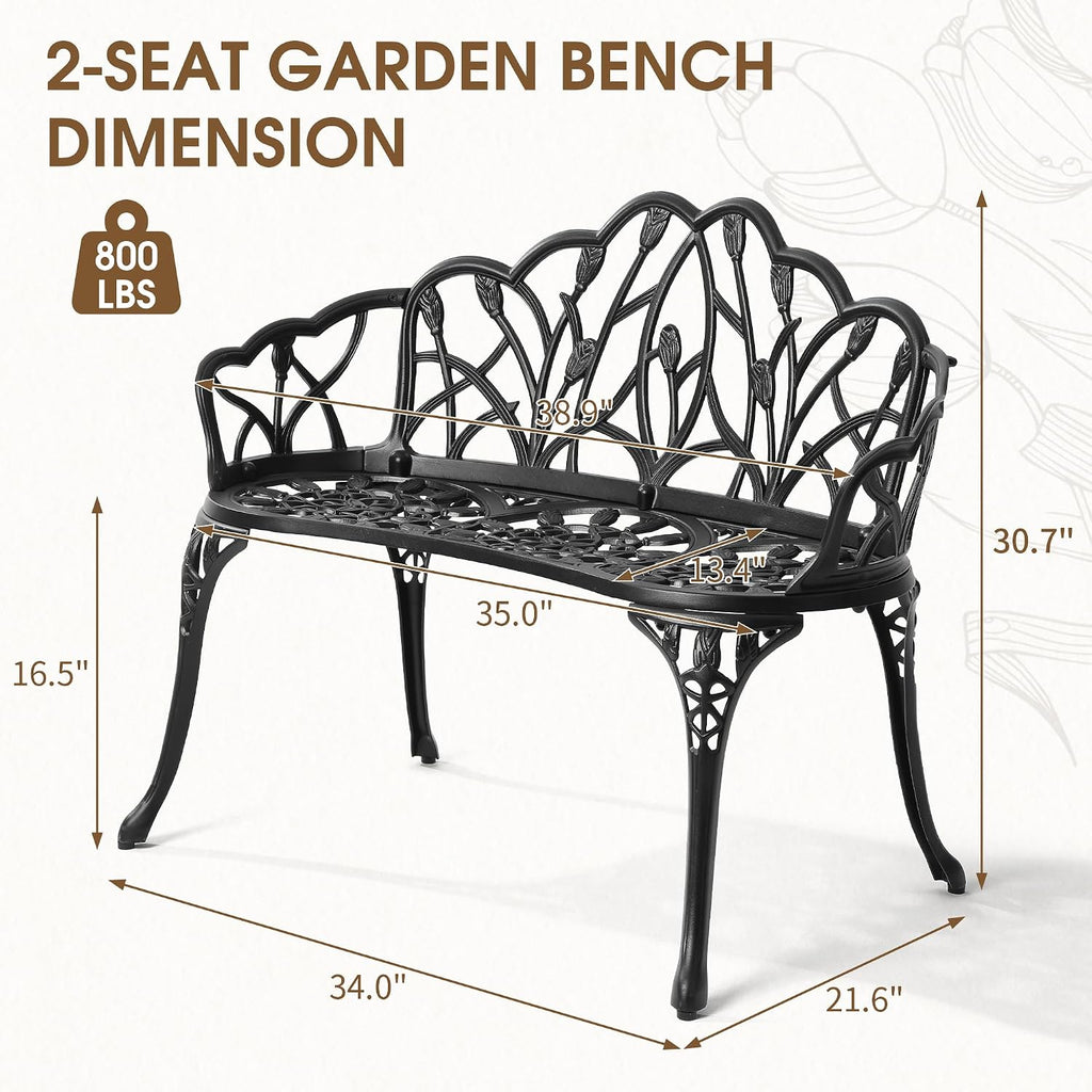 Outdoor Bench, Cast Aluminum Double Seating with Backrest and Armrests, Mental Outdoor Furniture , Porch, Garden