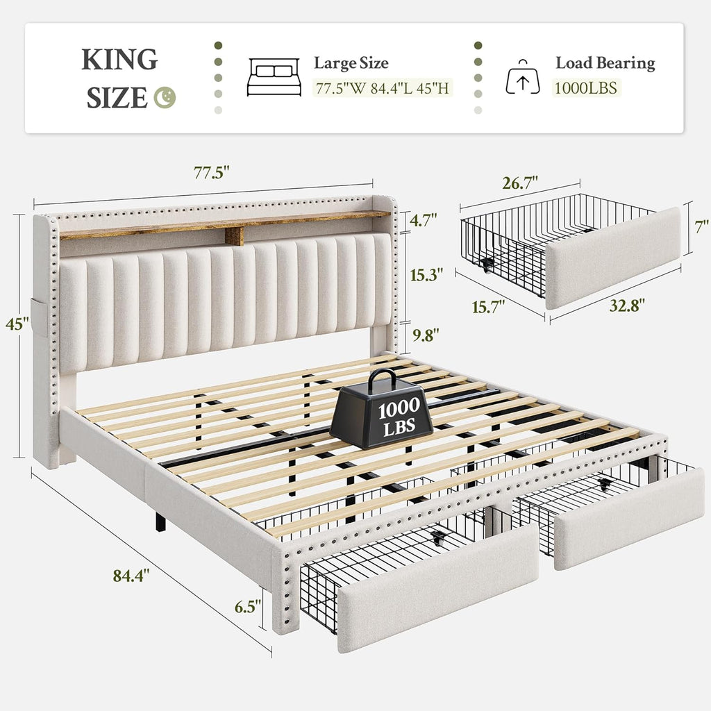 King Bed Frame with 2 Storage Drawers & Upholstered Headboard,No Box Spring Needed, Easy Assembly, Noise Free, Beige