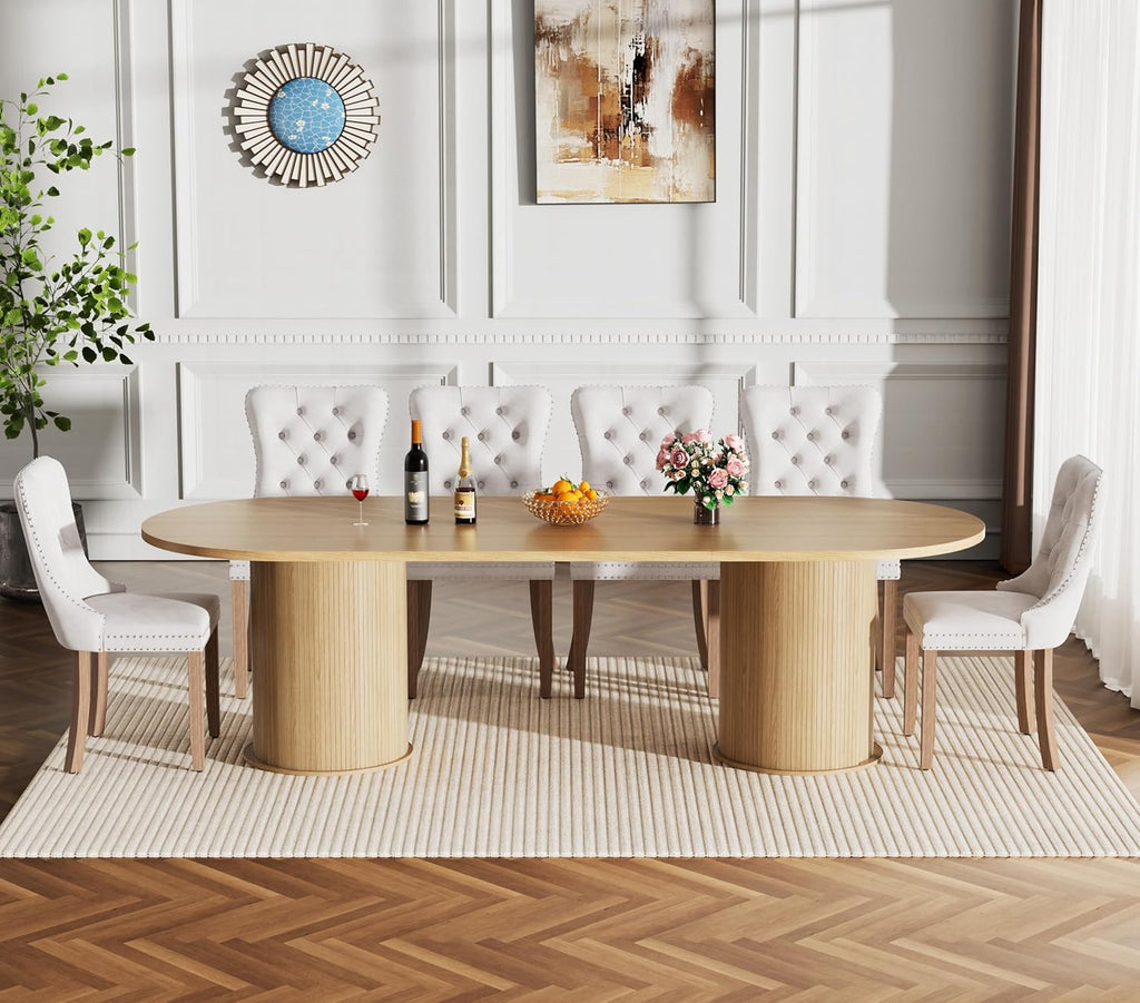 Round Extendable Dining Table, 94" Extendable Dining Room Table for 10, Retro Wooden Kitchen Expanding Table Oval Top