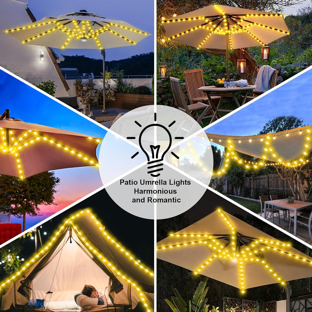 Solar Umbrella Lights, 8 Strands Patio Umbrella Lights Outdoor with 8 Modes 3V Solar Panel Clip 112 Led Outdoor