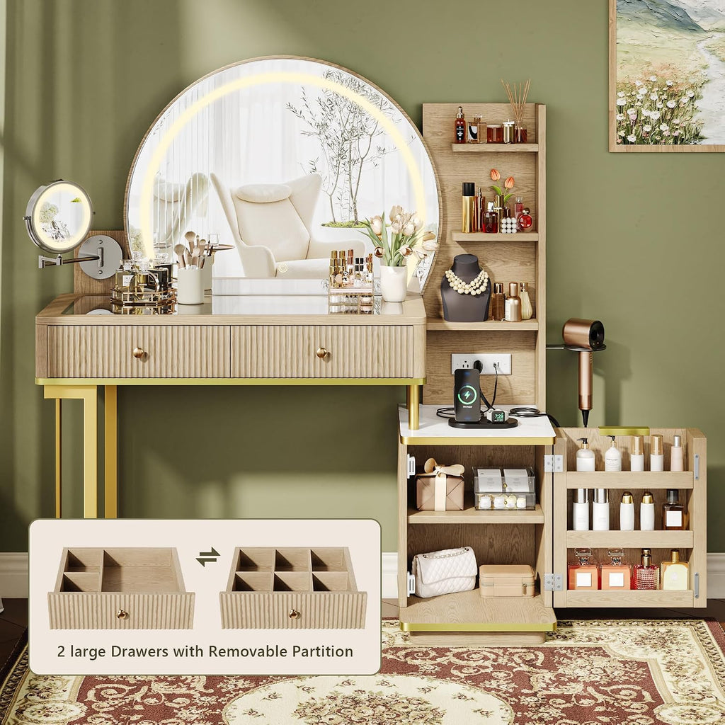 Vanity Desk w/5x Magnifying Mirror, Fluted Makeup Vanity w/Mirror and Lights, Glass Top Vanity, Dressing Table