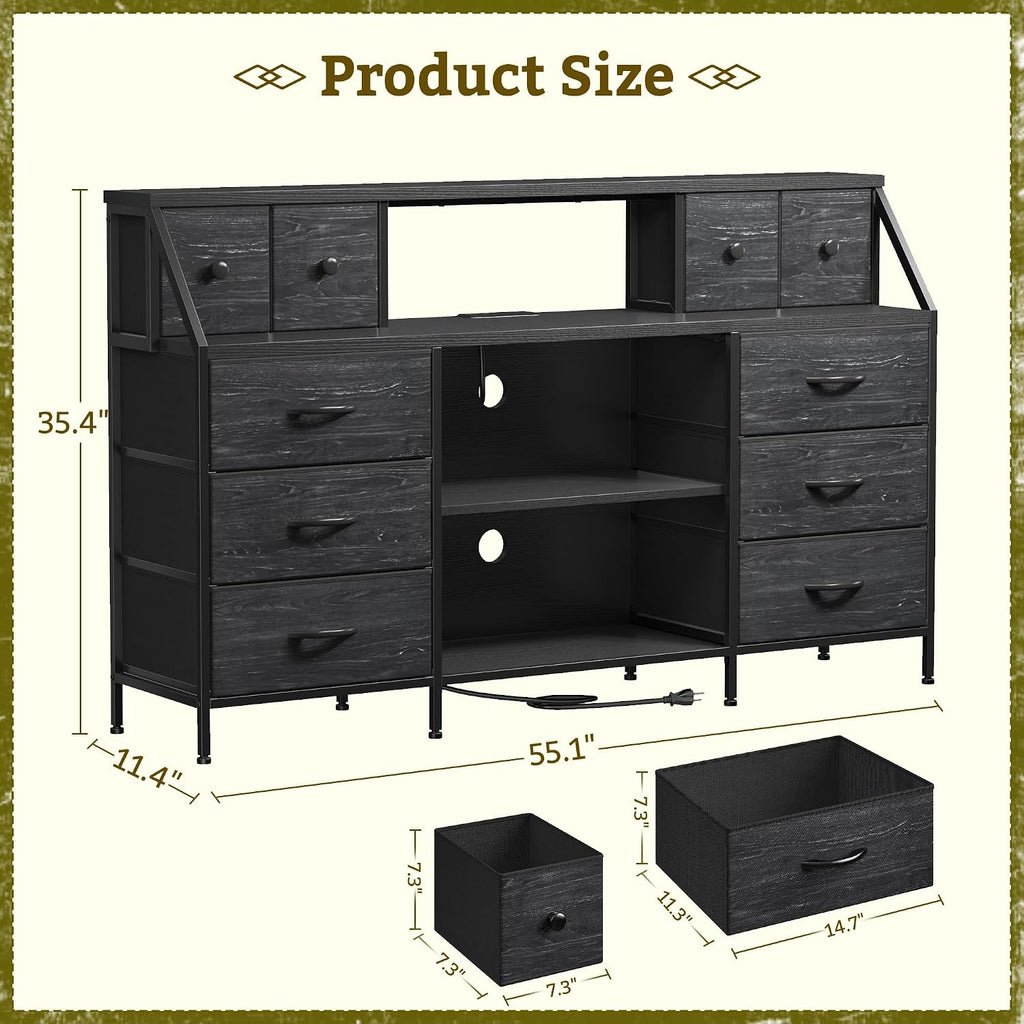 Black 55" Dresser with Charging Station & LED Lights Chest of Drawers with Detachable Mesh Door Bedroom Living Room