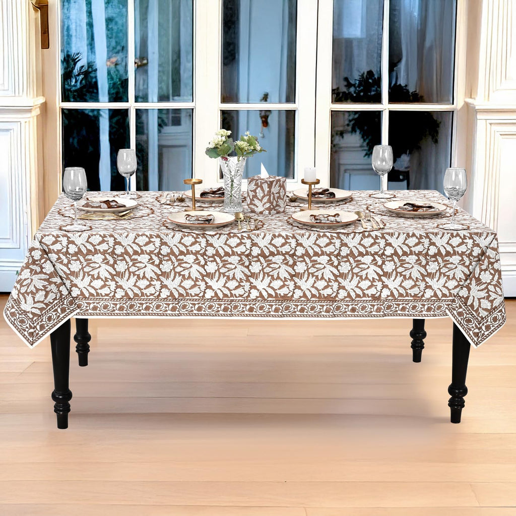 Oak Brown Hand Block Print Rectangle Tablecloth 90x60 Inch