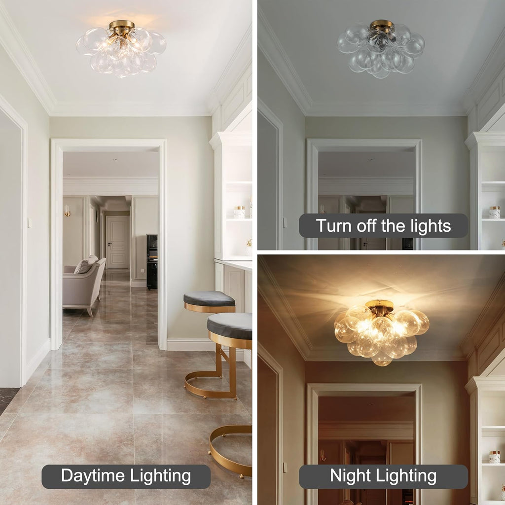 Semi Flush Mount Chandelier Gold Close to Ceiling Light Fixtures Modern Bubble Ball Glass Chandelier Mid Century