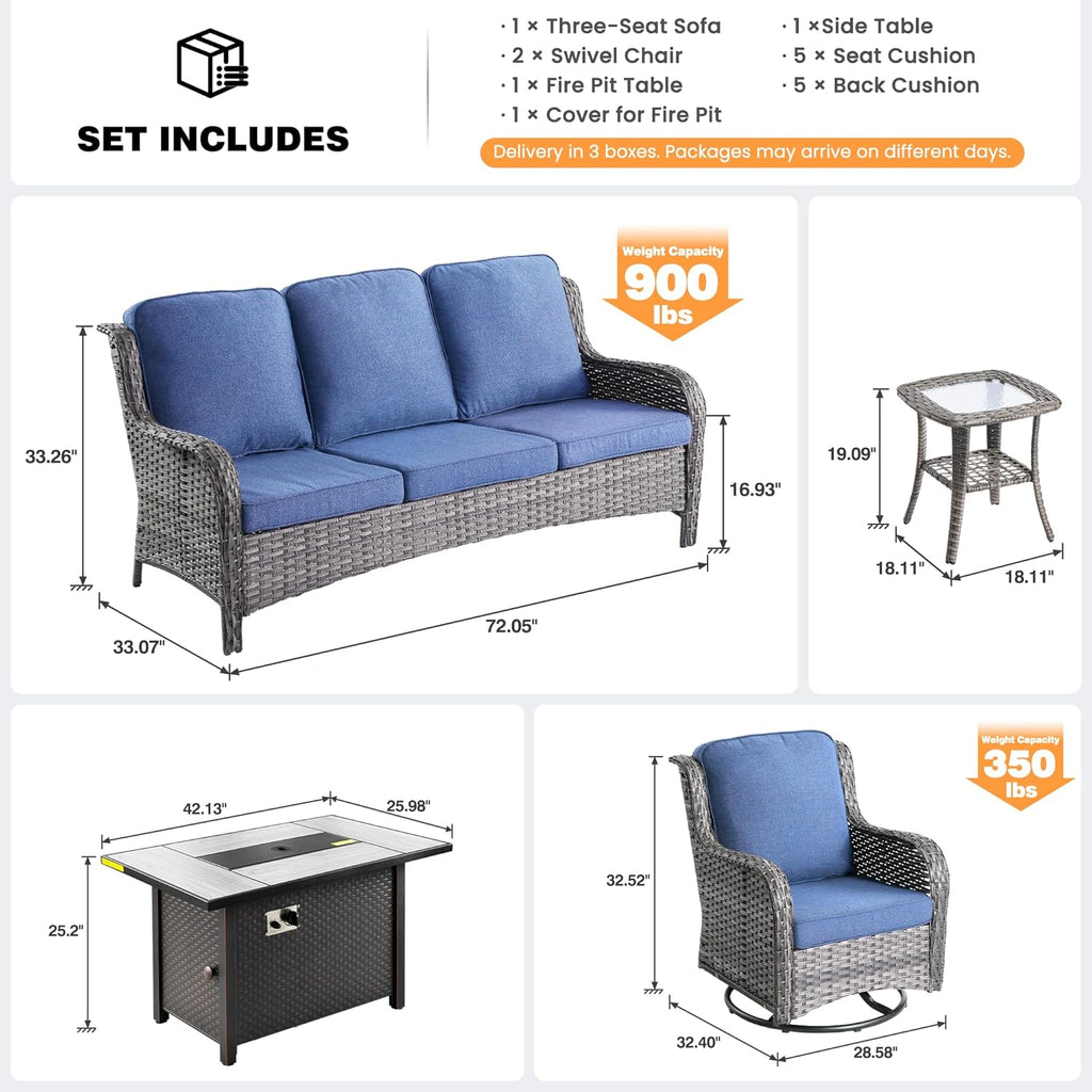 5-Piece Patio Furniture Set with Swivel Chairs Coffee Table, Outdoor Wicker Sofa with 42" Fire Pit Table