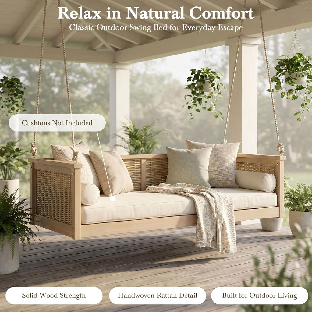 Twin Size Outdoor Porch Swing Bed, Solid Wood Rattan Swing Daybed Frame with Long Ropes , Poolside, Backyard, Light