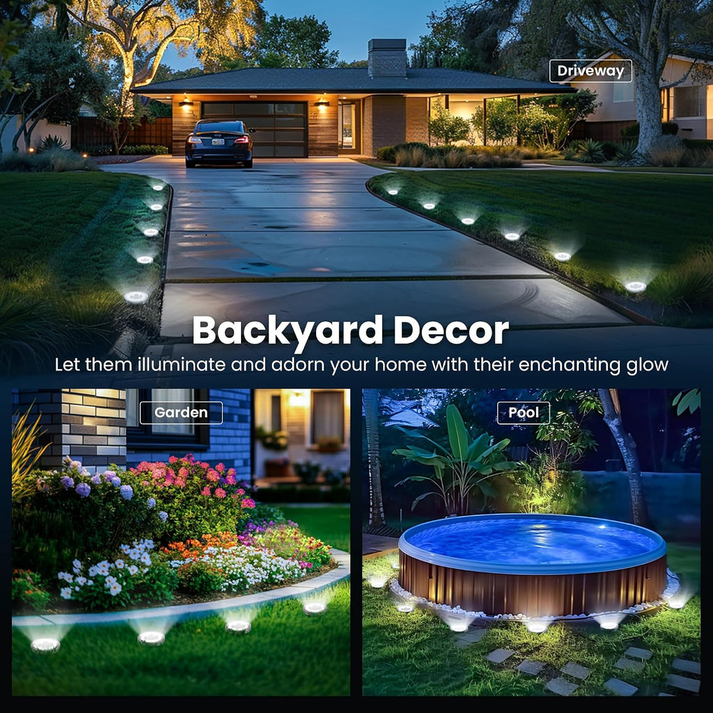 10 Pack Solar Ground Lights Outdoor, Backyard Decor Cool White | IP65 Waterproof Stainless Steel Landscape Lighting