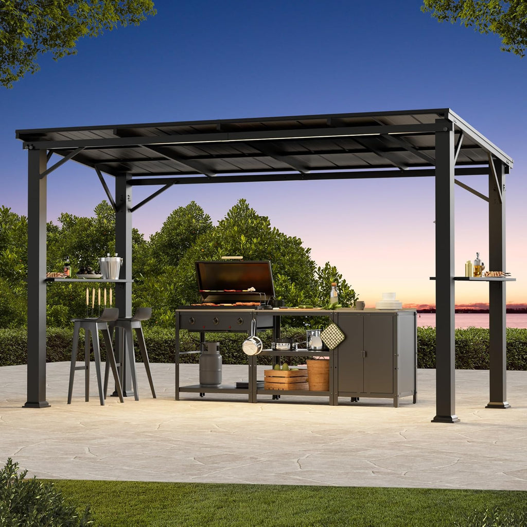 Grill Gazebo 6'x12'with Side Shelf, Outdoor Hardtop Gazebo with Bottle Opener & Hooks