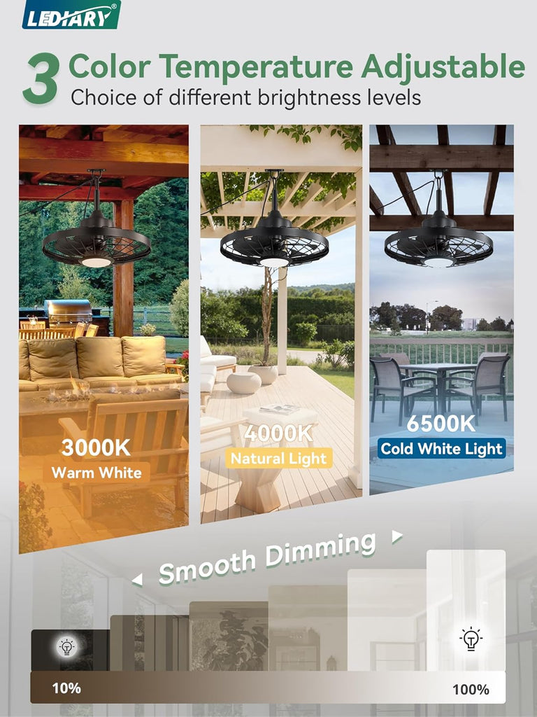 20" Outdoor Ceiling Fan with Lights,IP65 Waterproof Gazebo Hanging Fan with Remote Control Smart App
