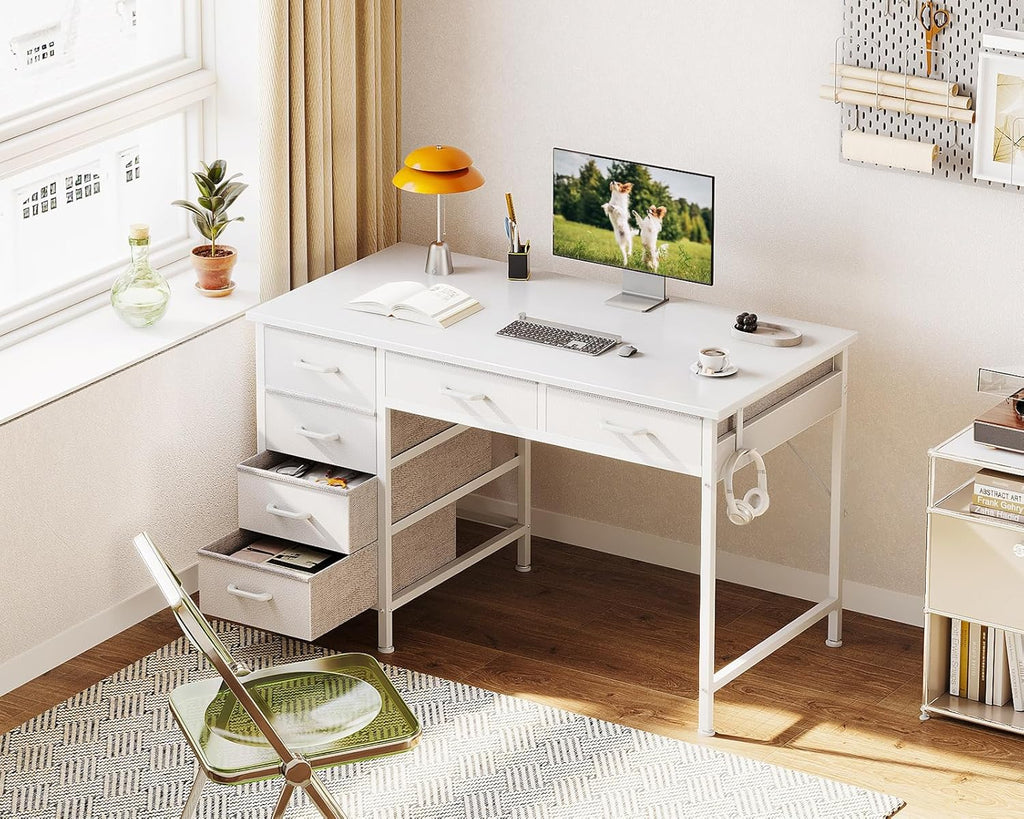 Computer Desk with 6 Drawers, 40 Inch Small Desk with Storage, Reversible Desk with Headphone Hook, Work Study Table
