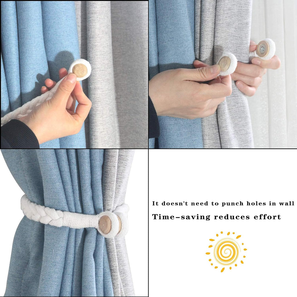 4 Pack White Magnetic Soft Curtain Tiebacks Cotton Hand-Woven Tieback Holdback Home Decorative Tie Backs with Wooden