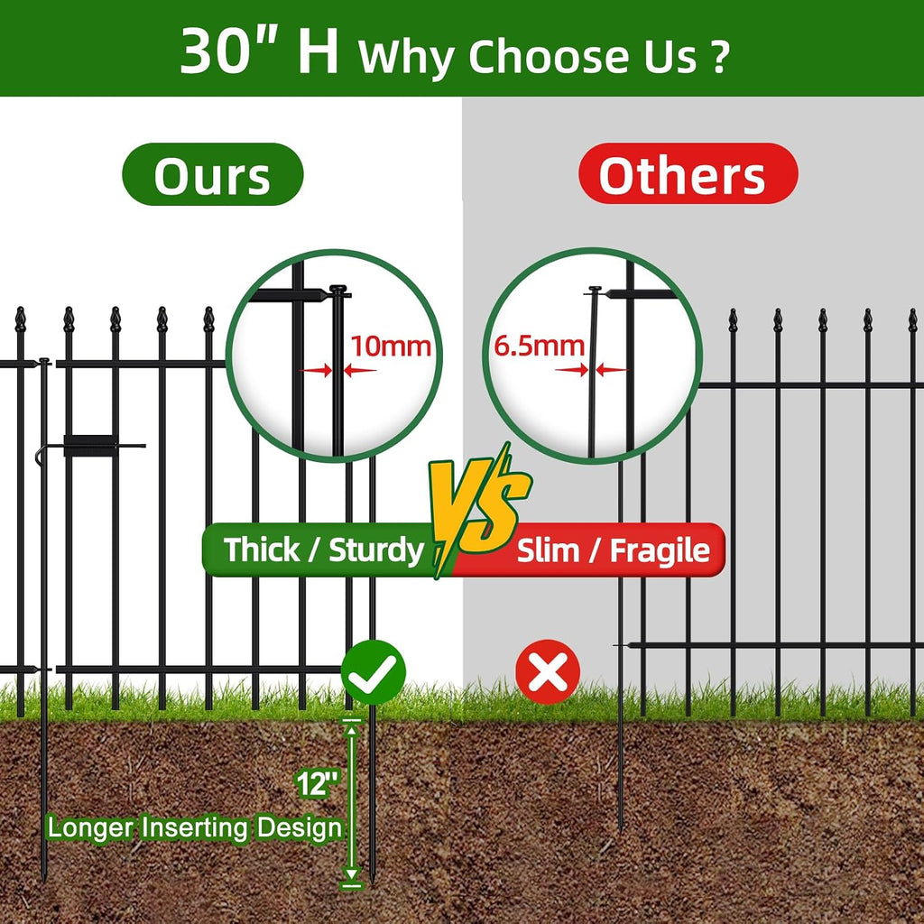 Metal Garden Fence with Gate 30 in H x 10 ft L, 1 Gate + 4 Panels Border Fence Panels Animal Barrier for Dogs, No Dig