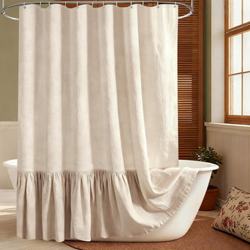 Farmhouse Shower Curtain Linen Boho Ruffle - Textured Fabric Shower Curtain Set with Hooks, 72"x72", Rustic Vintage