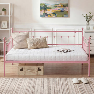 Twin Size Daybed Frame Metal Steel Slat Support with Headboard Sofa Bed Platform, Guest Room, Easy Assembly, Pink