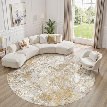 Washable 8' Round Area Rug for Living Room: Modern Abstract Neutral Large So' Thin Rugs - Non Slip I