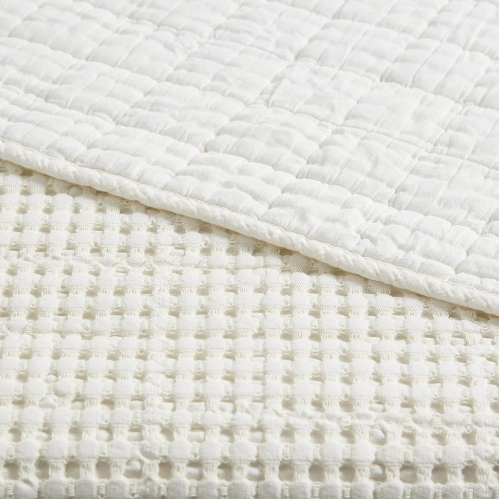 Bedspread Set with Pillow Shams - Cream - Cotton Waffle Bedspread Set