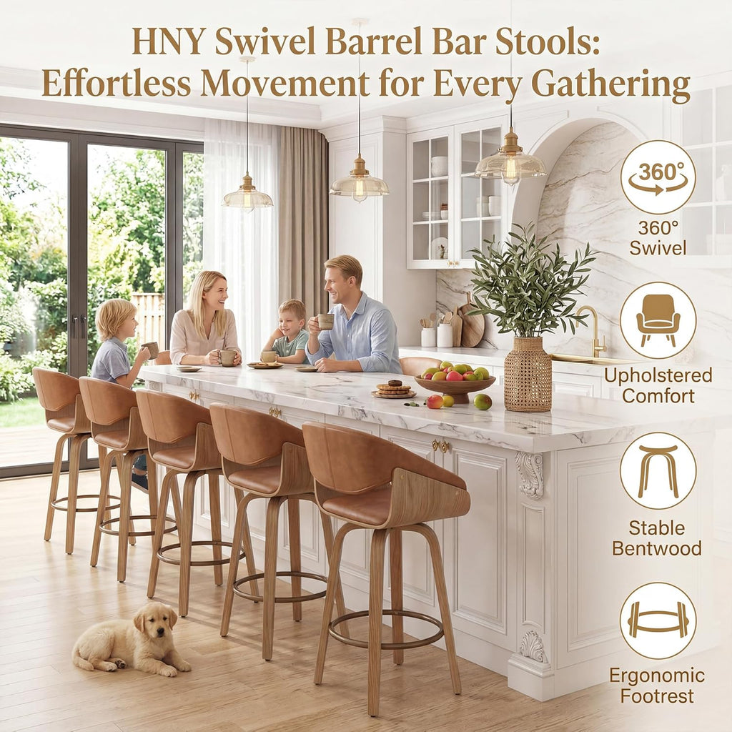 26 Inch Swivel Bar Stools with Back Set of 4, Brown Faux Leather Upholstered Counter Height Barstools with Solid