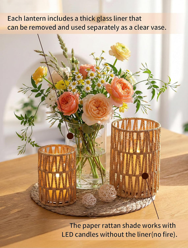 Rattan Boho Hurricane Lanterns: Set of 2 Pillar Candle Holders with Glass Cylinders- Farmhouse Vases Coffee Table