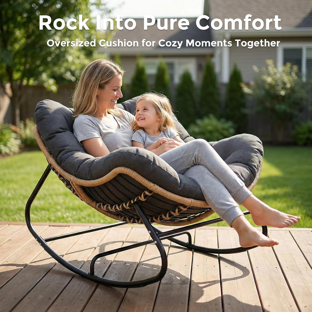 Papasan Rocking Chair Outdoor, Oversized Patio Egg Chair with Thick Cushion, Indoor Wicker Lounge Rocker Bed for