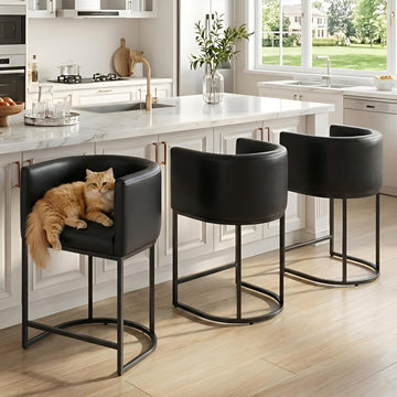 Black Modern Barrel Counter Height Clearance Bar Stools Set of 3, 24 Inch PU Leather Kitchen Barstools with Back