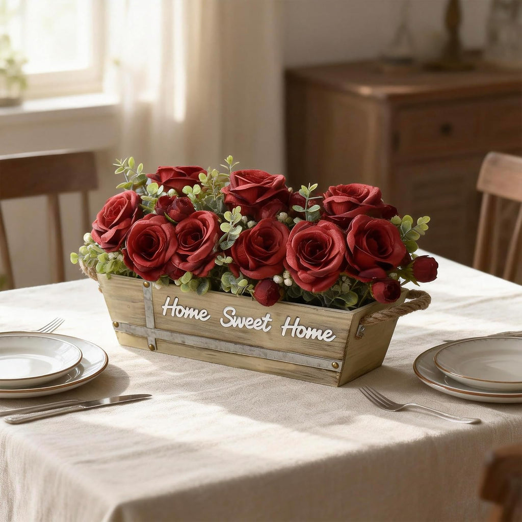 Artificial Rose Flower Arrangement with Eucalyptus in Wooden Planter, Faux Flowers Farmhouse Table Centerpiece