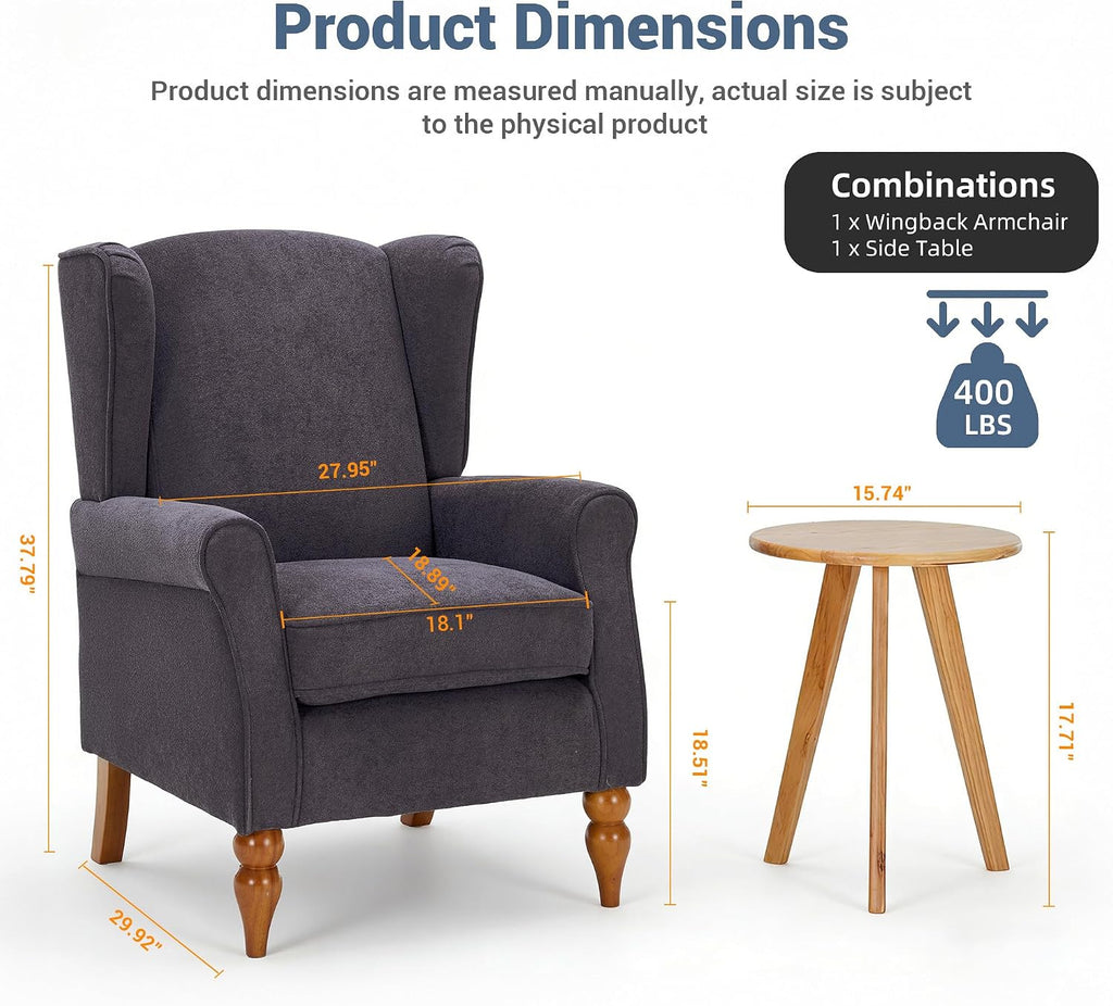 High Back Wingback Accent Chair, Modern Upholstered Armchair Comfy Reading Chair with Solid Wood Legs Bedroom